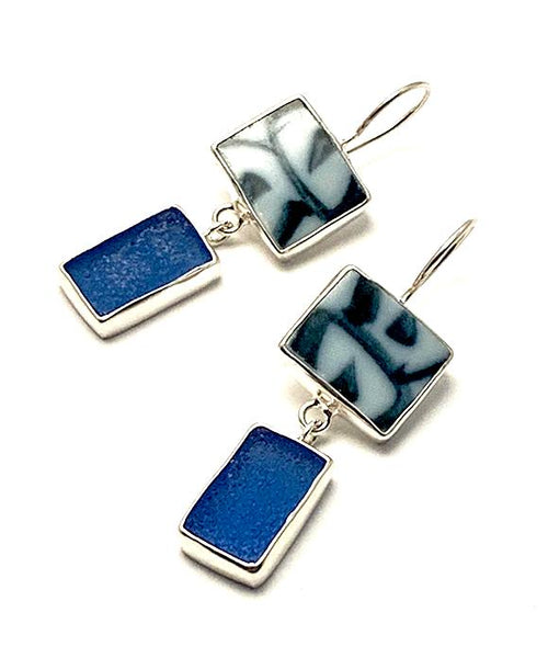 #2 Bold Blue & White Vintage Pottery & Blue Sea Glass Double Drop Rectangle Earrings