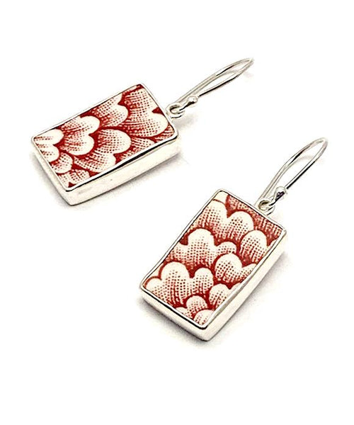 Red and White Floral Pottery Rectangle Single Earrings