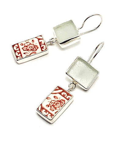 Red & White Vintage Pottery with Clear Sea Glass Double Drop Earrings