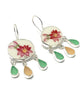 PInk Floral Vintage Pottery with Green & Pink Sea Glass Drops Chandelier Style Earrings