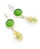 Green Sea Glass with Yellow and Green Flower Vintage Pottery Double Drop Earrings