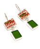 Red, White & Green Leaf Vintage Pottery with Forest Green Sea Glass Double Drop Earrings