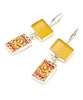 Amber Sea Glass with Red, White & Yellow Flower Vintage Pottery Rectangle Double Drop Earrings