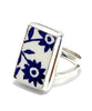 Double Daisy Blue & White  Vintage Pottery Rectangle Ring- Size 7.5