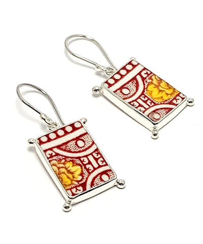 Red, Yellow & White Vintage Pottery with Decorative Jester Bezel Single Drop Earrings