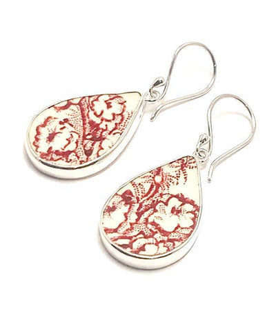 Red and White Floral Pottery Single Drop Earrings