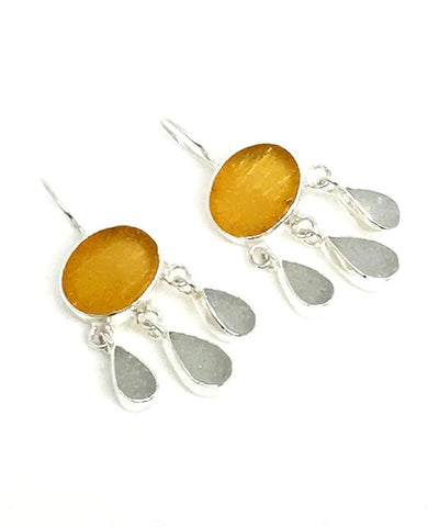 Amber & Light Gray Sea Glass Chandelier Earrings