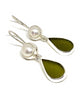 Olive Green Sea Glass with Pearl Earrings Double Drop Earrings