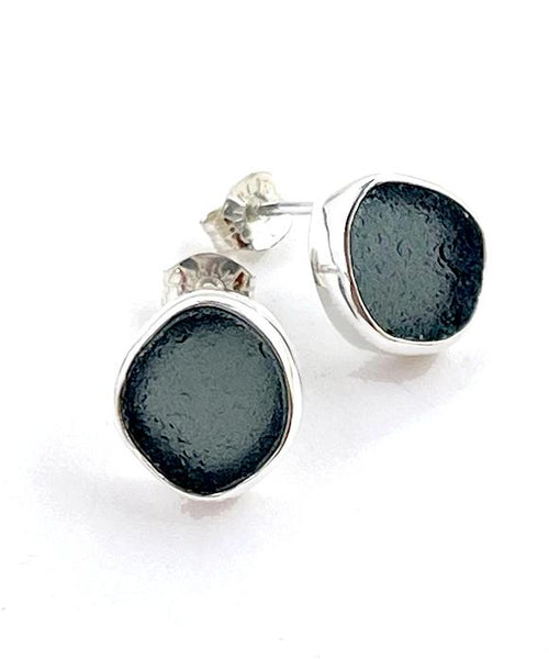 Dark Grey Sea Glass Natural Shape Post Earrings