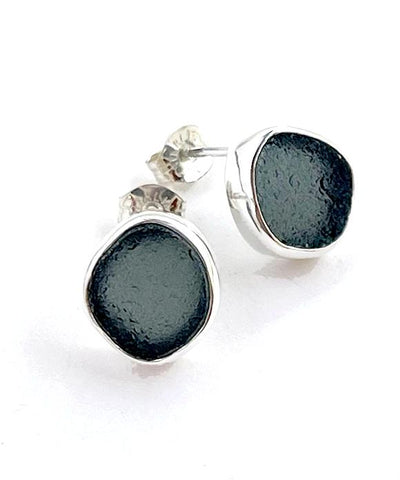Dark Grey Sea Glass Natural Shape Post Earrings