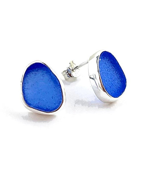 Cobalt Sea Glass Natural Shape Post Earrings