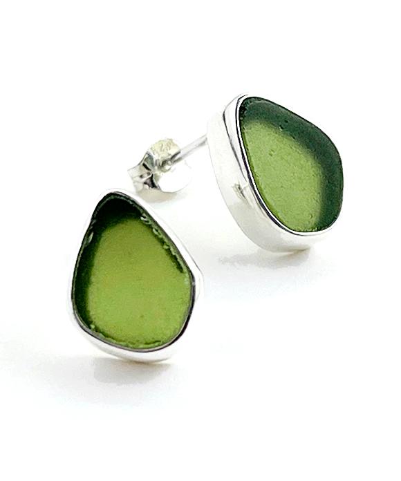 Dark Olive Sea Glass Natural Shape Post Earrings
