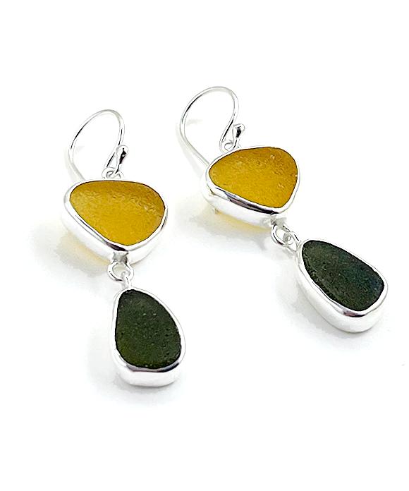 Amber & Dark Olive Green Sea Glass Open Back Double Drop Earrings