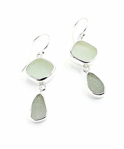 Clear & Light Grey Sea Glass Open Back Double Drop Earrings