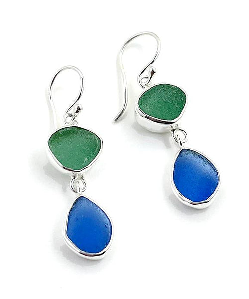 Jade Green & Blue Sea Glass Open Back Double Drop Earrings