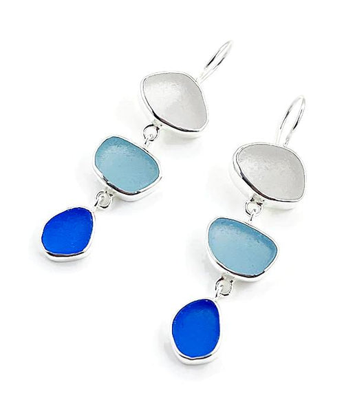 Clear, Aqua and Blue Sea Glass Triple Drop Earrings