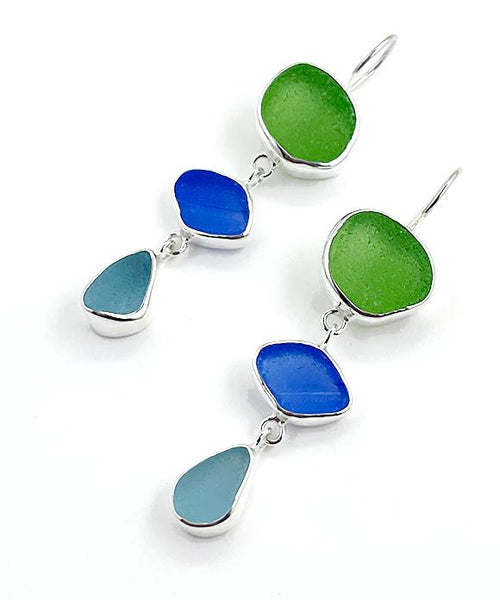 Green, Blue & Aqua Sea Glass Triple Drop Earrings