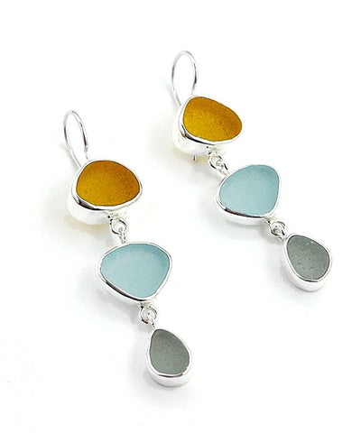 Amber, Aqua & Light Grey Sea Glass Triple Drop Earrings