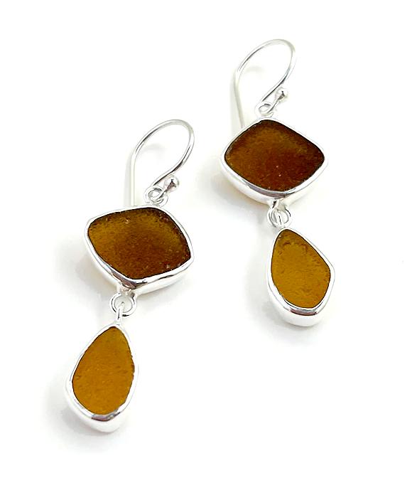 Dark & Light Amber Sea Glass Open Back Double Drop Earrings