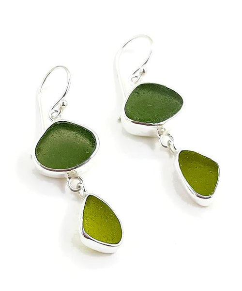Dark & Light Olive Sea Glass Open Back Double Drop Earrings