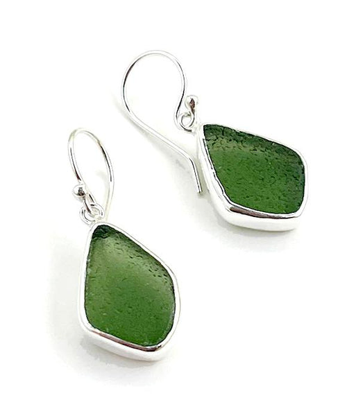 Rich Olive Sea Glass Open Back Drop Earrings