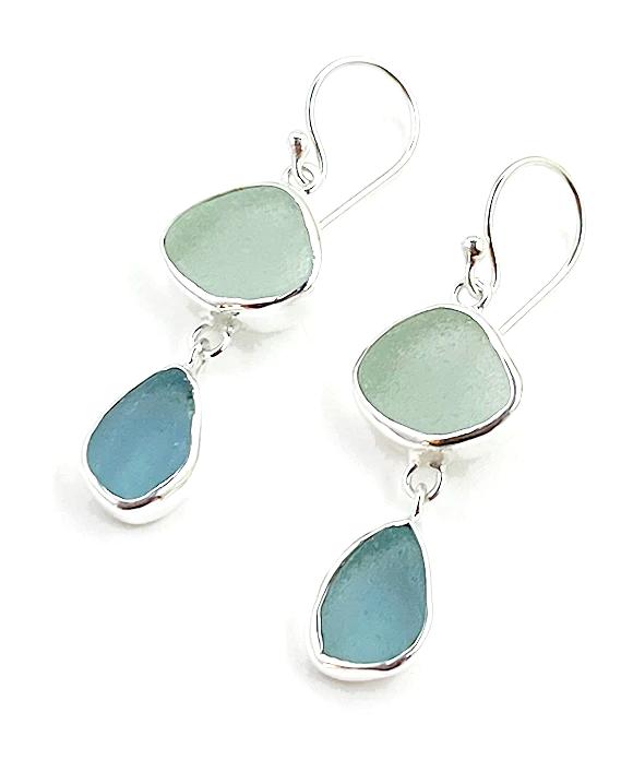 Soft Aqua & Light Blue Sea Glass Open Back Double Drop Earrings