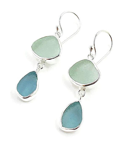Soft Aqua & Light Blue Sea Glass Open Back Double Drop Earrings