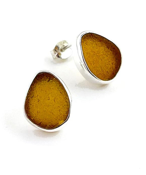 Brown Sea Glass Natural Shape Post Earrings