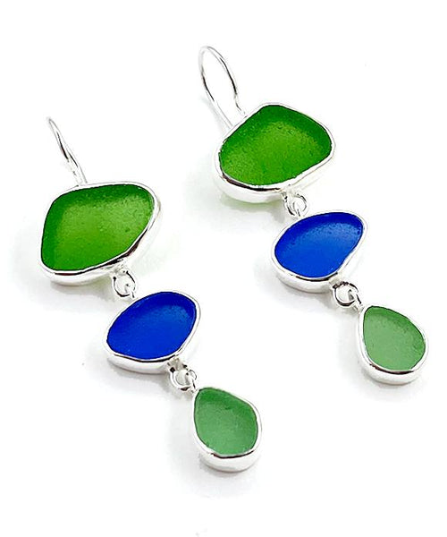 Green & Blue Sea Glass Triple Drop Earrings