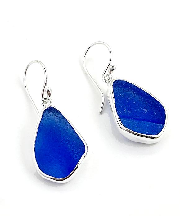 Blue Sea Glass Open Back Drop Earrings