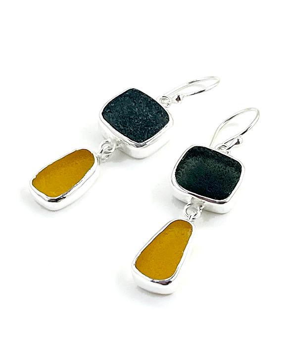 Dark Grey & Amber Sea Glass Open Back Double Drop Earrings