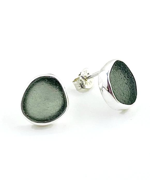 Grey Sea Glass Natural Shape Post Earrings