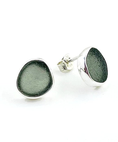 Grey Sea Glass Natural Shape Post Earrings