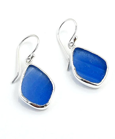 Textured Blue Sea Glass Open Back Drop Earrings