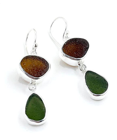 Dark Brown & Olive Sea Glass Open Back Double Drop Earrings