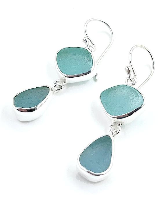 Soft Aqua & Light Blue Sea Glass Open Back Double Drop Earrings