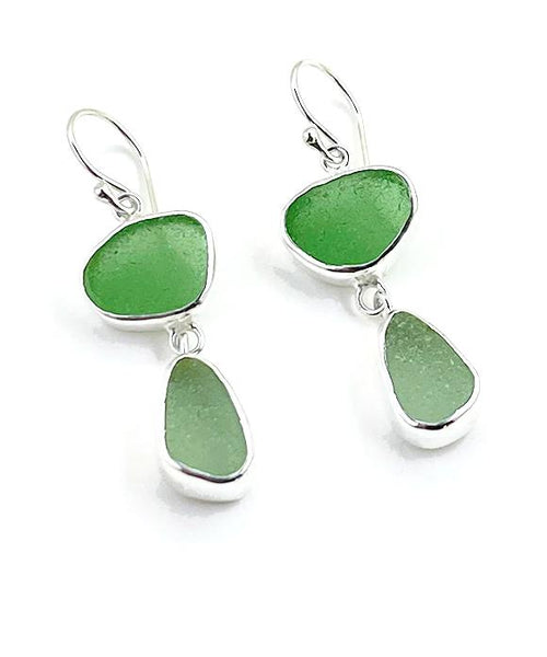 Green & Light Green Sea Glass Open Back Double Drop Earrings