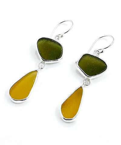 Light Olive & Amber Sea Glass Open Back Double Drop Earrings