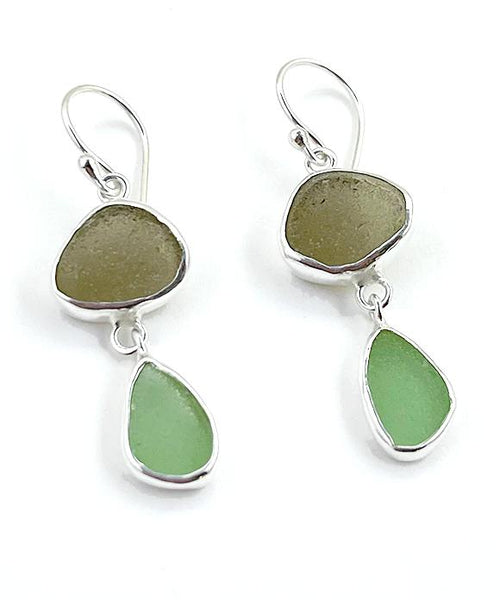 Light Olive & Green Sea Glass Open Back Double Drop Earrings