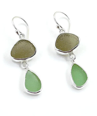 Light Olive & Green Sea Glass Open Back Double Drop Earrings