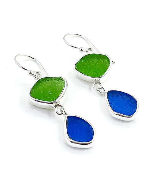 Green & Blue Sea Glass Open Back Double Drop Earrings