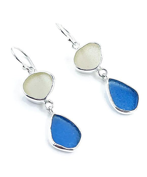 Clear & Blue Sea Glass Open Back Double Drop Earrings