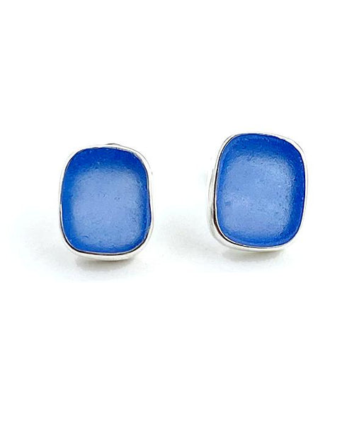 Blue Sea Glass Natural Shape Post Earrings
