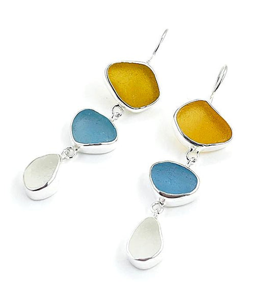 Amber, Blue & Clear Sea Glass Triple Drop Earrings