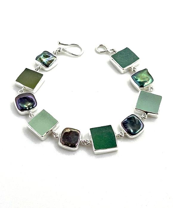 Olive, Green and Aqua Sea Glass with Square Pearl Bracelet -8