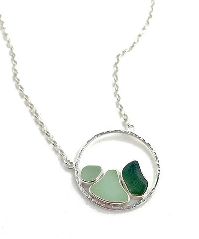 Forest Green, Jadeite and Soft Green Sea Glass Hoop Necklace