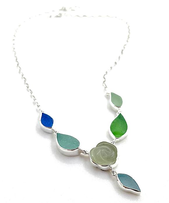 Sea Glass Leaves with Stone Flower 6 Piece Necklace