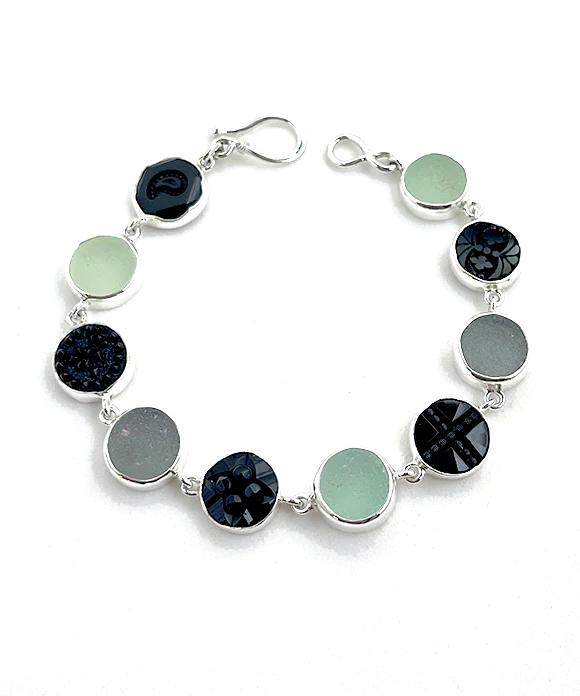 Grey and Aqua Sea Glass with Antique Black Glass Buttons Bracelet- 8