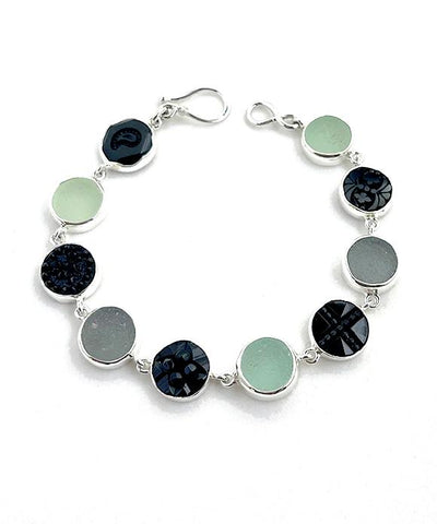 Grey and Aqua Sea Glass with Antique Black Glass Buttons Bracelet- 8