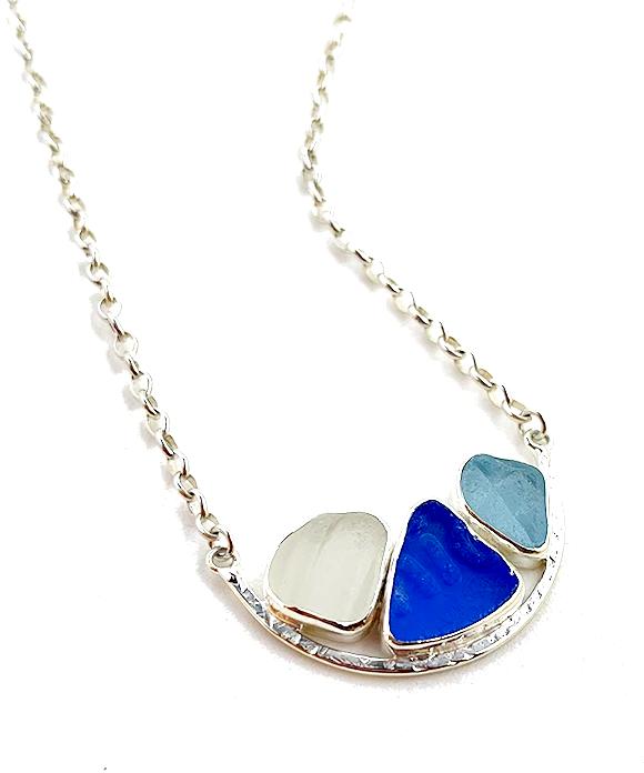 Textured Clear, Blue and Aquas Sea Glass Half Hoop Necklace